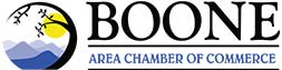 Boone Area Chamber of Commerce logo with mountain, sun, and river rafting graphic on the left.