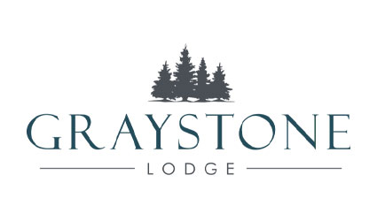Graystone Lodge logo with treehouse cabin vibes and trees above, decorative lines by "Lodge.