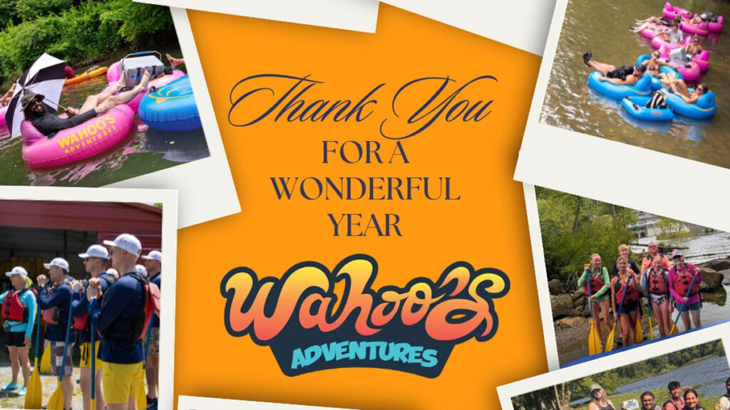 Collage of people rafting and relaxing on water at Wahoo's Adventures—Thank You For a Wonderful Year.