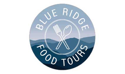 Logo with mountains, fork and spoon crossed, Blue Ridge Food Tours, and Wahoo’s Adventures.