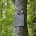 A sign reading Welcome to Ravens Nest with a raven, by treehouse cabins near Boone NC.