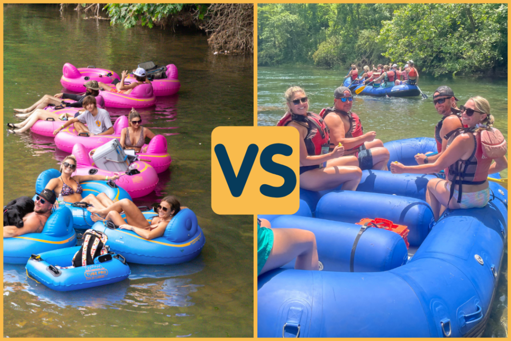 Tubing vs. Rafting in Boone, NC: Chill on colorful tubes or team up on a big blue raft.