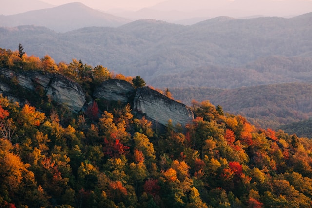 Sunlit autumn trees cover rolling hills and rocky outcrops under a hazy mountain sky.