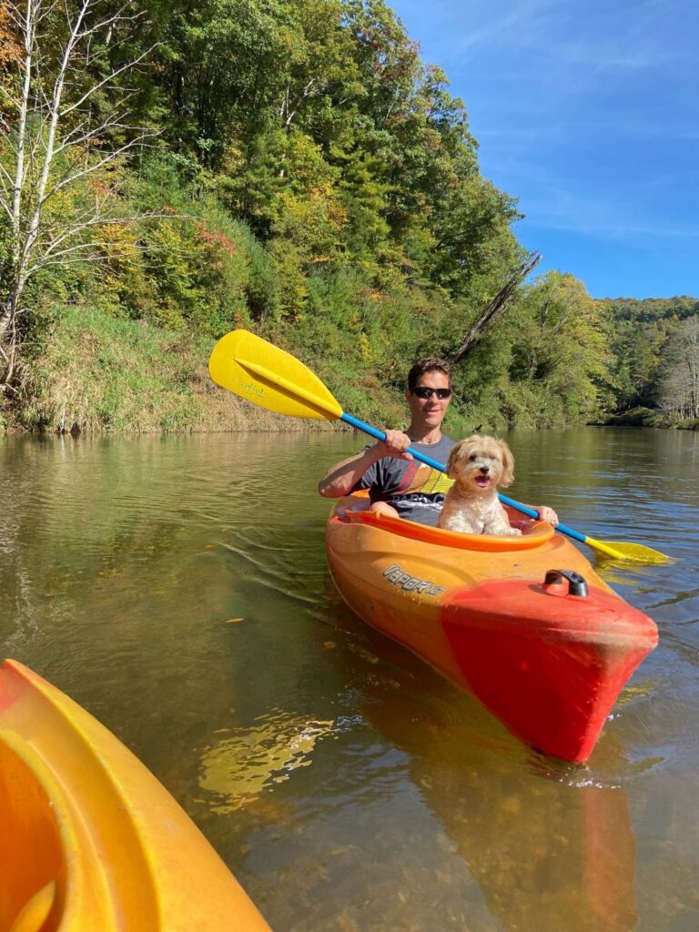 Person kayaking on a calm river with a small dog, surrounded by trees under blue sky.