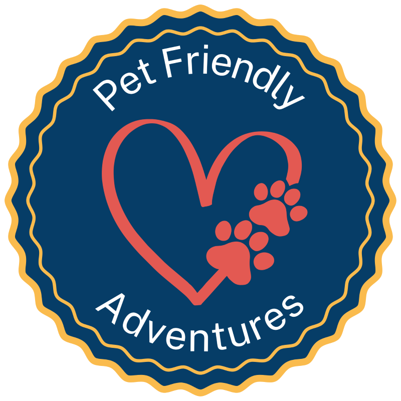 Navy badge with heart, paw prints, "Pet Friendly Adventures," New River tubing near Boone, NC.
