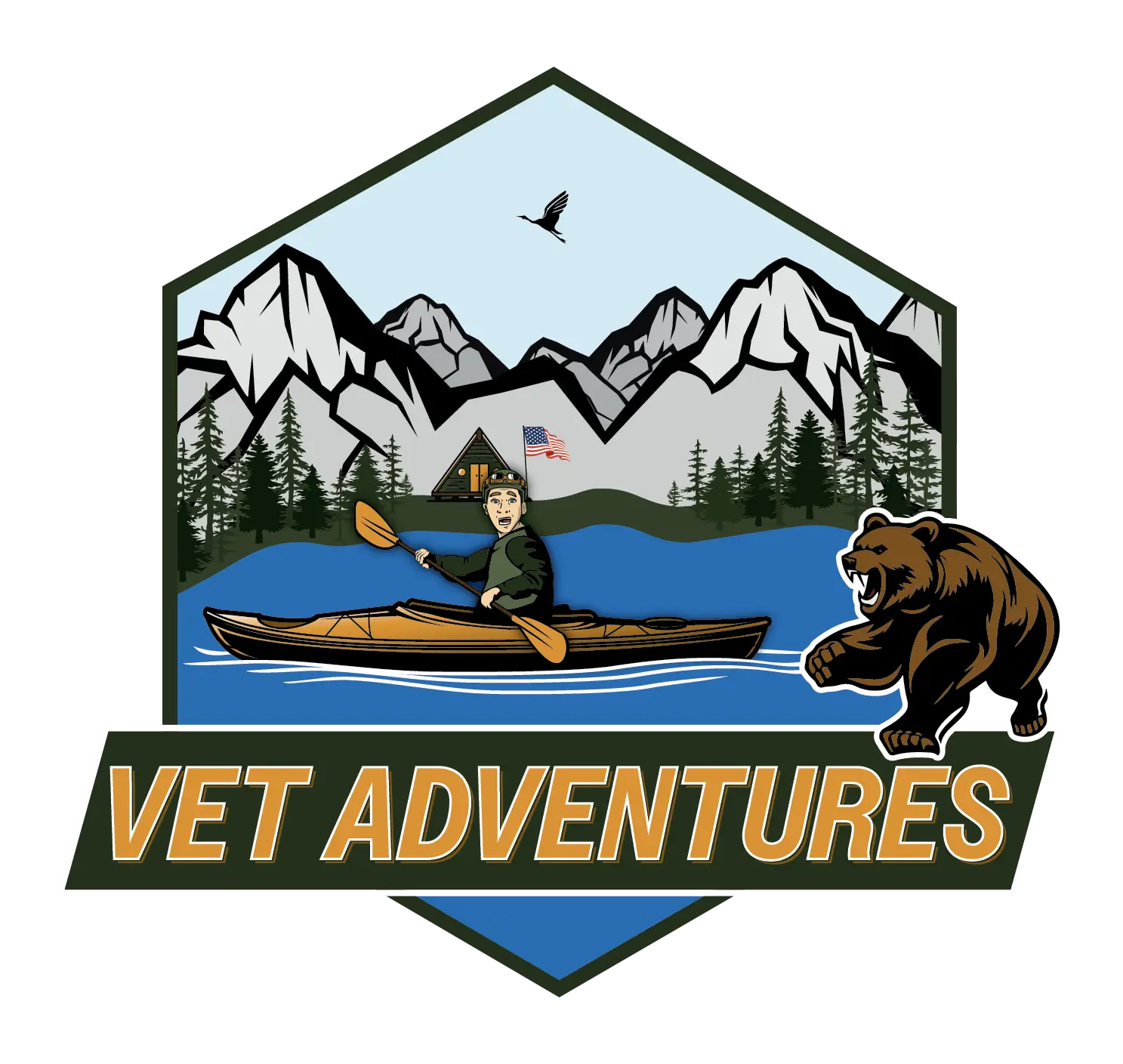 Person kayaking by mountains, cabin, trees, a bear, and Vet Adventures with Wahoo’s Adventures.